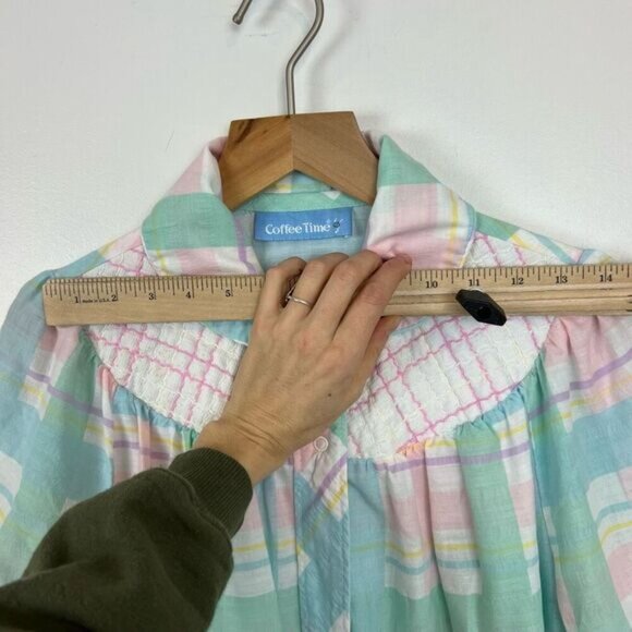 Vintage Granny Coffee Time Plaid Nightgown Long Puff  Short Sleeve Size S / M - Picture 9 of 12